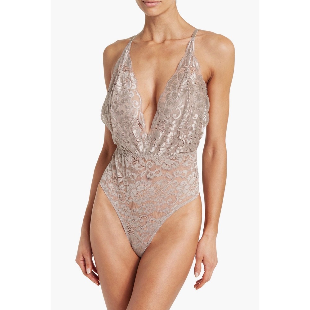 Wishlist Womens Cocoa Floral Lace Deep V-Neck Thong Bodysuit Size Small